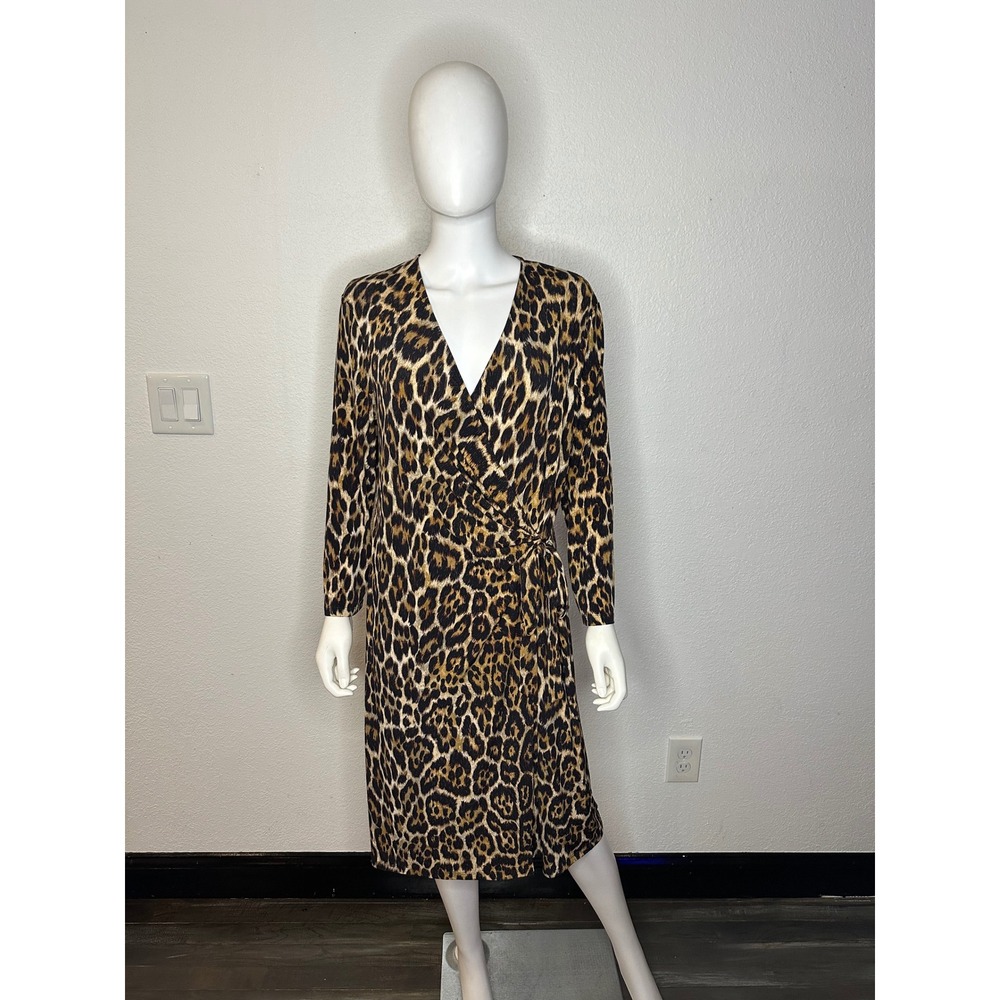 Anne Klein Leopard Print Faux Wrap Dress Brown Black Long Sleeve